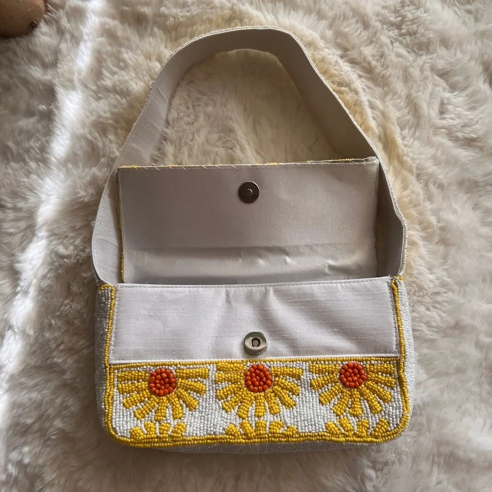 Beaded White Shoulder Bag with Yellow Sunflower Accents